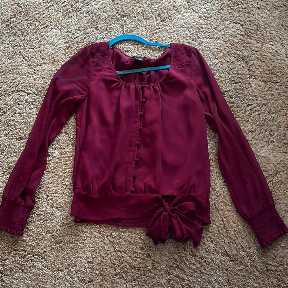 Maroon button down blouse with tie front